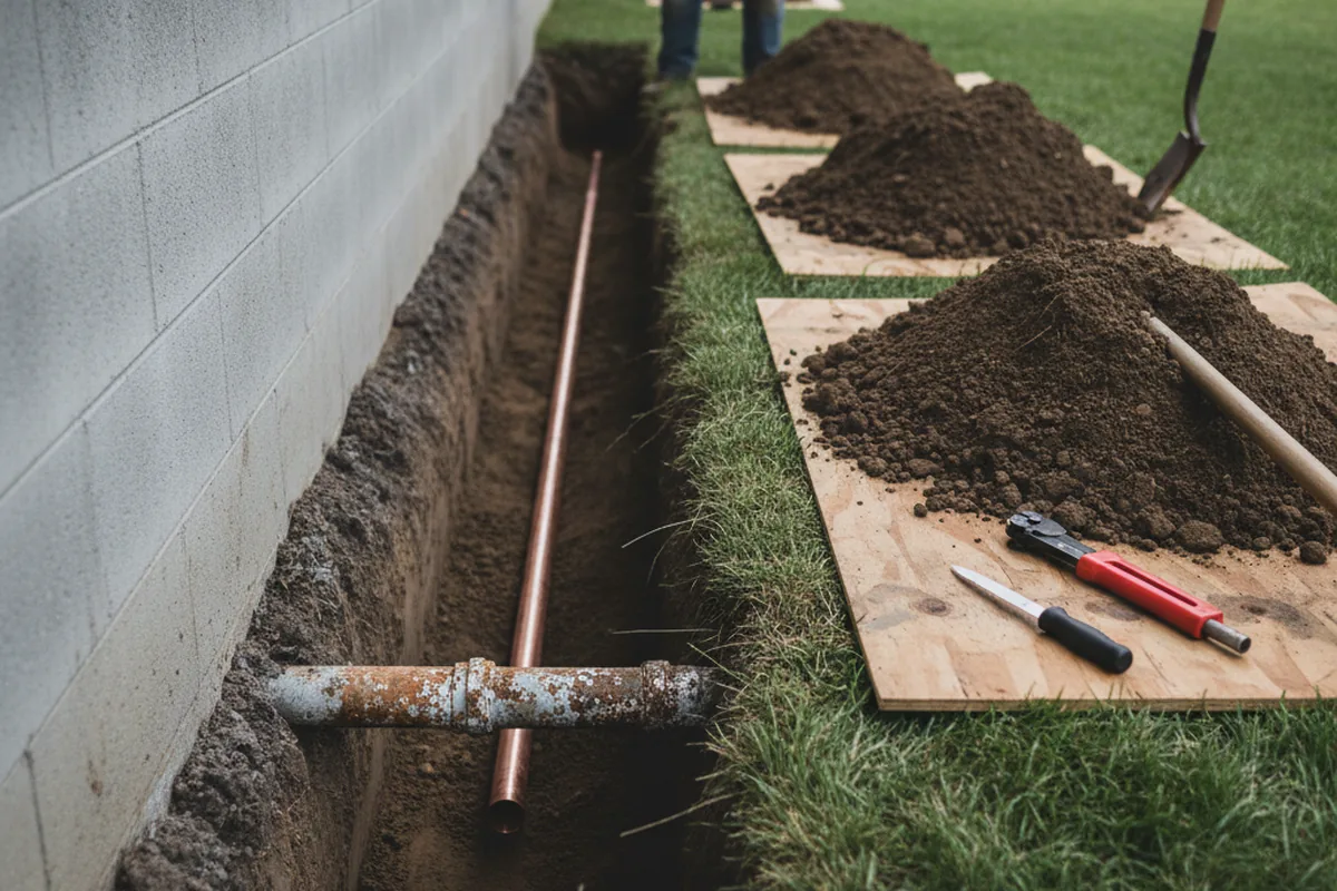 Excavated water line trench during Water Softener Installation in Cardwell